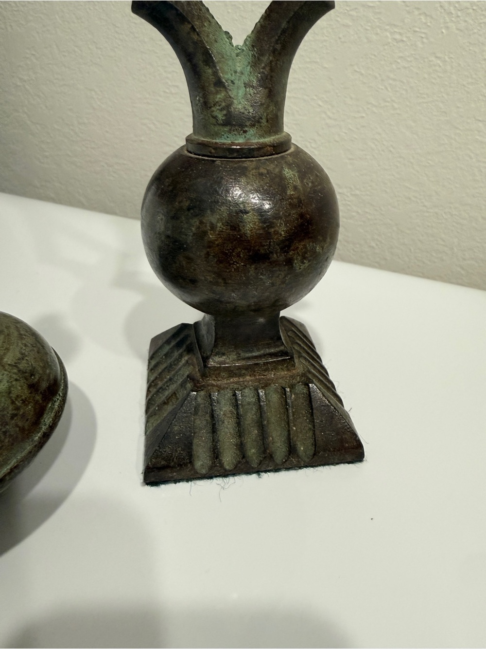 Vintage Bronze-Green Decorative Finial Pair Heavy Sculptural Mantel Accents - Picture 11 of 15